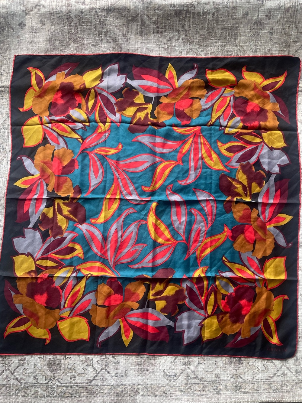 Lanvin Floral Silk Vintage 90’s Handrolled Scarf in Teal, Red, Yellow, Brown